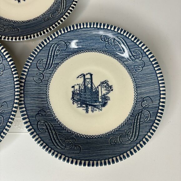 Vintage Currier & Ives Royal China “Steamboat” 6” Saucer Plate Set 3 Blue/White - Picture 2 of 6